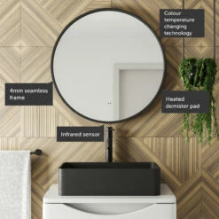 Core LED Illuminated Round Brushed Brass Framed Mirror With Demister Pad & Colour Change Lights - 600mm 15 Core LED Illuminated Round Brushed Brass Framed Mirror With Demister Pad & Colour Change Lights - 600mm -TAP WAREHOUSE Shop drench core round black mirror callout