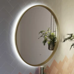 Core LED Illuminated Round Brushed Brass Framed Mirror With Demister Pad & Colour Change Lights - 600mm 19 Core LED Illuminated Round Brushed Brass Framed Mirror With Demister Pad & Colour Change Lights - 600mm -TAP WAREHOUSE Shop drench core round brushed brass mirror backlit 1