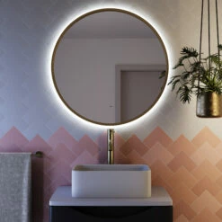 Core LED Illuminated Round Brushed Brass Framed Mirror With Demister Pad & Colour Change Lights - 600mm 18 Core LED Illuminated Round Brushed Brass Framed Mirror With Demister Pad & Colour Change Lights - 600mm -TAP WAREHOUSE Shop drench core round brushed brass mirror backlit