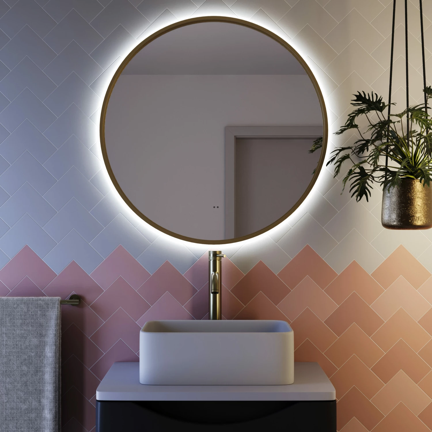 Core LED Illuminated Round Brushed Brass Framed Mirror With Demister Pad & Colour Change Lights - 600mm 8 Core LED Illuminated Round Brushed Brass Framed Mirror With Demister Pad & Colour Change Lights - 600mm - Image 6