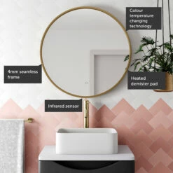 Core LED Illuminated Round Brushed Brass Framed Mirror With Demister Pad & Colour Change Lights - 600mm 20 Core LED Illuminated Round Brushed Brass Framed Mirror With Demister Pad & Colour Change Lights - 600mm -TAP WAREHOUSE Shop drench core round brushed brass mirror callout