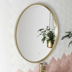 Core LED Illuminated Round Brushed Brass Framed Mirror With Demister Pad & Colour Change Lights - 600mm 22 Core LED Illuminated Round Brushed Brass Framed Mirror With Demister Pad & Colour Change Lights - 600mm -TAP WAREHOUSE Shop drench core round brushed brass mirror lifestyle