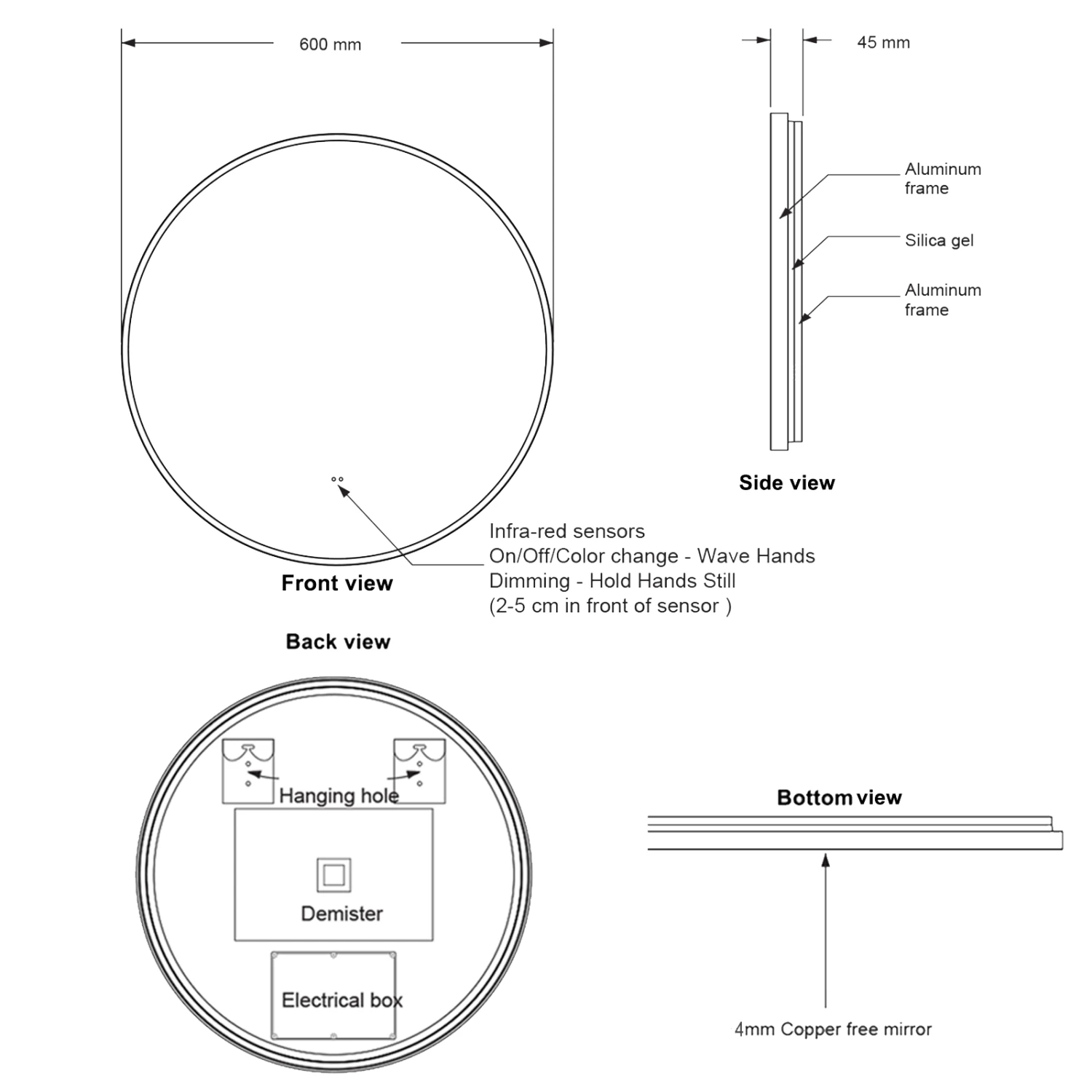 Core LED Illuminated Round Brushed Brass Framed Mirror With Demister Pad & Colour Change Lights - 600mm 13 Core LED Illuminated Round Brushed Brass Framed Mirror With Demister Pad & Colour Change Lights - 600mm - Image 11