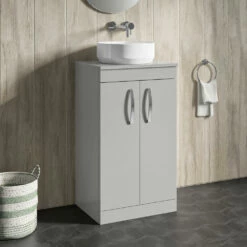 Emily 500mm Floorstanding Unit And Countertop - Gloss White - Square Hudson Reed Countertop Basin 17 Emily 500mm Floorstanding Unit And Countertop - Gloss White - Square Hudson Reed Countertop Basin -TAP WAREHOUSE Shop drench emily 500mm floor standing unit worktop gloss grey mist lifestyle1