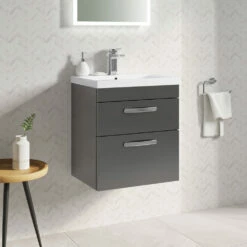 Emily 500mm Wall Mounted 2 Drawer Vanity Unit & Minimalist Basin - Gloss White 13 Emily 500mm Wall Mounted 2 Drawer Vanity Unit & Minimalist Basin - Gloss White -TAP WAREHOUSE Shop drench emily 500mm wall hung 2drawer mid edge basin gloss grey lifestyle1