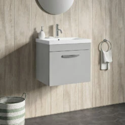 Emily 500mm Wall Mounted 1 Drawer Vanity Unit & Mid-Edged Basin - Hacienda Black 14 Emily 500mm Wall Mounted 1 Drawer Vanity Unit & Mid-Edged Basin - Hacienda Black -TAP WAREHOUSE Shop drench emily 500mm wall hung unit 1drawer mid edge basin gloss grey mist lifestyle1