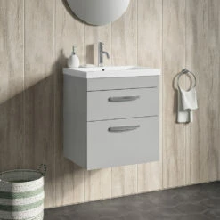 Emily 500mm Wall Mounted 2 Drawer Vanity Unit & Minimalist Basin - Gloss White 12 Emily 500mm Wall Mounted 2 Drawer Vanity Unit & Minimalist Basin - Gloss White -TAP WAREHOUSE Shop drench emily 500mm wall hung unit 2drawer mid edge basin gloss grey mist lifestyle1