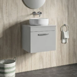 Emily 500mm Wall Mounted Natural Oak 1 Drawer Unit -TAP WAREHOUSE Shop drench emily 500mm wall hung unit worktop gloss grey mist lifestyle1
