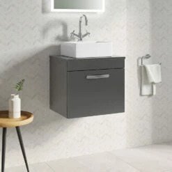 Emily 500mm Wall Mounted Natural Oak 1 Drawer Unit -TAP WAREHOUSE Shop drench emily 500mm wall hung vanity worktop 1drawer gloss grey lifestyle1