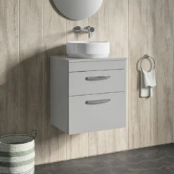 Emily 500mm Wall Mounted Natural Oak 2 Drawer Unit And Hudson Reed Round Countertop Basin -TAP WAREHOUSE Shop drench emily 500mm wall hung vanity worktop 2drawer gloss grey mist lifestyle1 1