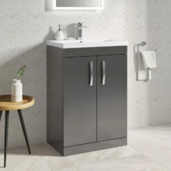 Emily 600mm Floorstanding Vanity Unit & Minimalist Basin - Natural Oak 13 Emily 600mm Floorstanding Vanity Unit & Minimalist Basin - Natural Oak -TAP WAREHOUSE Shop drench emily 600mm floor standing unit mid edged basin gloss grey lifestyle2