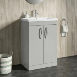 Emily 600mm Floorstanding Vanity Unit & Minimalist Basin - Natural Oak 12 Emily 600mm Floorstanding Vanity Unit & Minimalist Basin - Natural Oak -TAP WAREHOUSE Shop drench emily 600mm floor standing unit mid edged basin gloss grey mist lifestyle1