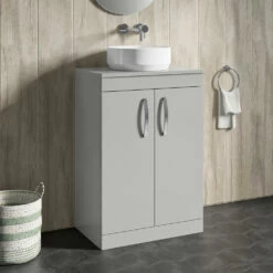 Emily 600mm Floorstanding Unit And Countertop - Natural Oak - 500mm Pura Countertop Basin 17 Emily 600mm Floorstanding Unit And Countertop - Natural Oak - 500mm Pura Countertop Basin -TAP WAREHOUSE Shop drench emily 600mm floor standing unit worktop doors gloss grey mist lifestyle1