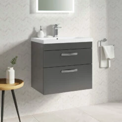 Emily 600mm Wall Mounted 2 Drawer Vanity Unit & Mid-Edged Basin - Hacienda Black -TAP WAREHOUSE Shop drench emily 600mm wall hung 2drawer mid edge basin gloss grey lifestyle1