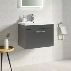 Emily 600mm Wall Mounted 1 Drawer Vanity Unit & Mid-Edged Basin - Natural Oak -TAP WAREHOUSE Shop drench emily 600mm wall hung vanity 1drawer mid edge basin gloss grey lifestyle1