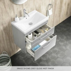 Emily 600mm Wall Mounted 2 Drawer Vanity Unit & Mid-Edged Basin - Hacienda Black -TAP WAREHOUSE Shop drench emily 600mm wall hung vanity 2drawer mid edge basin gloss grey mist lifestyle3 overlay