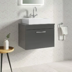 Emily 600mm Wall Mounted 1 Drawer Unit And Countertop - Gloss White - Hudson Reed Rectangular Countertop Basin 16 Emily 600mm Wall Mounted 1 Drawer Unit And Countertop - Gloss White - Hudson Reed Rectangular Countertop Basin -TAP WAREHOUSE Shop drench emily 600mm wall hung vanity worktop 1drawer gloss grey lifestyle1