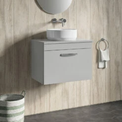 Emily 600mm Wall Mounted 1 Drawer Unit And Countertop - Gloss White - Hudson Reed Rectangular Countertop Basin 17 Emily 600mm Wall Mounted 1 Drawer Unit And Countertop - Gloss White - Hudson Reed Rectangular Countertop Basin -TAP WAREHOUSE Shop drench emily 600mm wall hung vanity worktop 1drawer gloss grey mist lifestyle1