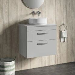 Emily 600mm Wall Mounted 2 Drawer Unit And Countertop - Natural Oak - Hudson Reed Rectangular Countertop Basin 17 Emily 600mm Wall Mounted 2 Drawer Unit And Countertop - Natural Oak - Hudson Reed Rectangular Countertop Basin -TAP WAREHOUSE Shop drench emily 600mm wall hung vanity worktop 2drawer gloss grey mist lifestyle1