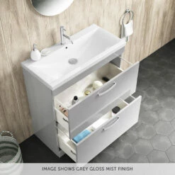 Emily 800mm Floorstanding 2 Drawer Vanity Unit & Minimalist Basin - Gloss White -TAP WAREHOUSE Shop drench emily 800mm floor standing unit mid edged basin 2drawer gloss grey mist lifestyle overlay