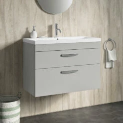 Emily 800mm Wall Mounted 2 Drawer Vanity Unit & Minimalist Basin - Gloss White 11 Emily 800mm Wall Mounted 2 Drawer Vanity Unit & Minimalist Basin - Gloss White -TAP WAREHOUSE Shop drench emily 800mm wall hung 2drawer mid edged basin gloss grey mist lifestyle1