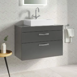 Emily 800mm Wall Mounted 2 Drawer Unit And Countertop - Gloss White - No Basin -TAP WAREHOUSE Shop drench emily 800mm wall hung 2drawer worktop gloss grey lifestyle1