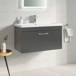Emily 800mm Wall Mounted 1 Drawer Vanity Unit & Mid-Edged Basin - Gloss White -TAP WAREHOUSE Shop drench emily 800mm wall hung mid edged basin gloss grey lifestyle1