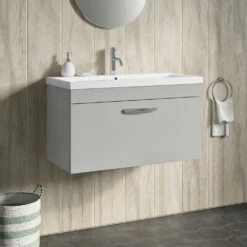 Emily 800mm Wall Mounted 1 Drawer Vanity Unit & Mid-Edged Basin - Gloss White -TAP WAREHOUSE Shop drench emily 800mm wall hung unit mid edged basin gloss grey mist lifestyle1