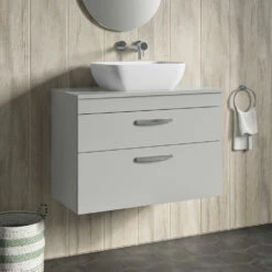 Emily 800mm Wall Mounted 2 Drawer Unit And Countertop - Gloss White - No Basin -TAP WAREHOUSE Shop drench emily 800mm wall hung worktop 2drawer gloss grey mist lifestyle1
