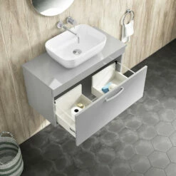 Emily 800mm Wall Mounted 1 Drawer Unit And Countertop - Natural Oak - No Basin 20 Emily 800mm Wall Mounted 1 Drawer Unit And Countertop - Natural Oak - No Basin -TAP WAREHOUSE Shop drench emily 800mm wall hung worktop gloss grey mist lifestyle3