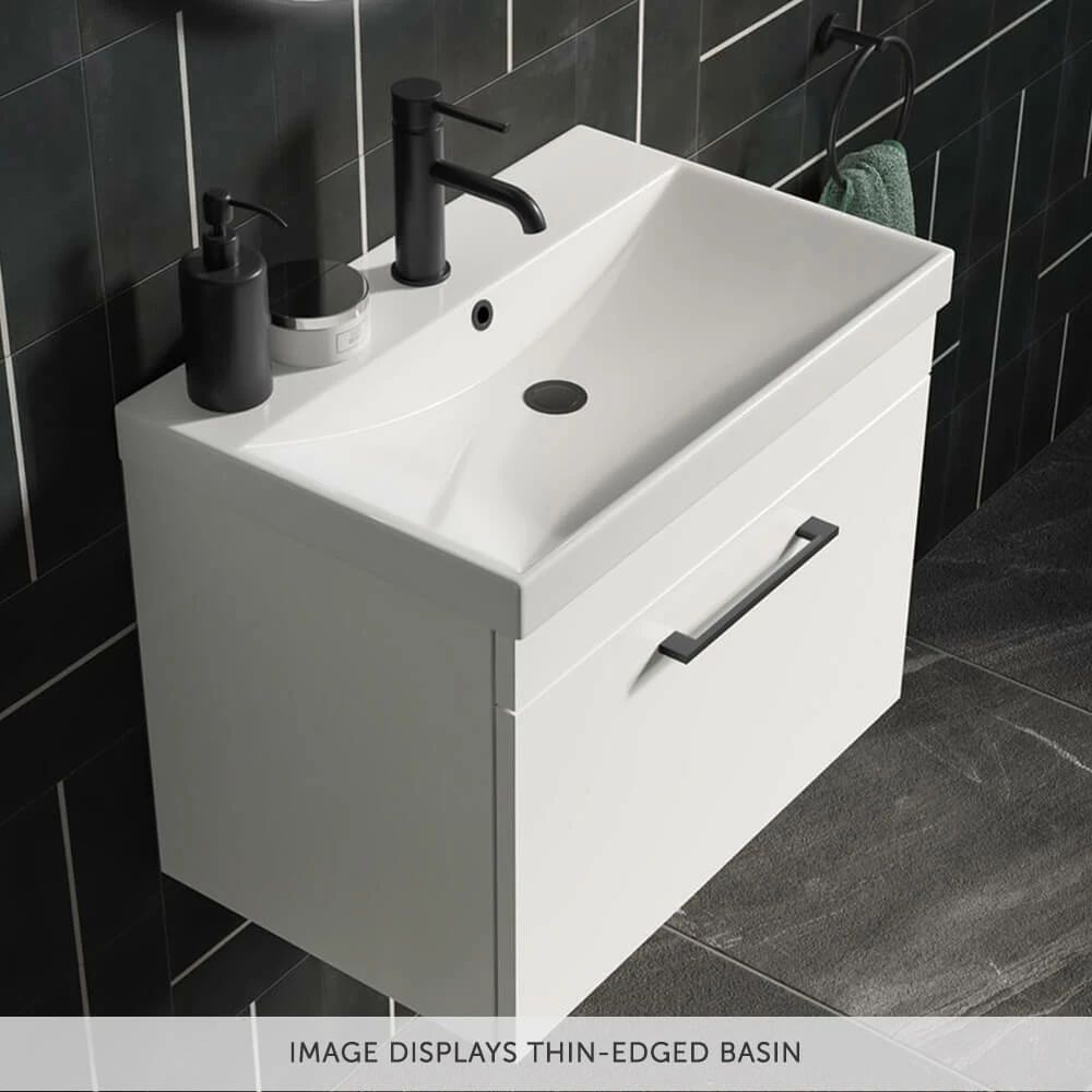 Emily 800mm Gloss White Wall Mounted 2 Drawer Vanity Unit, Thin-Edged Basin, Matt Black Handles & Overflow 7 Emily 800mm Gloss White Wall Mounted 2 Drawer Vanity Unit, Thin-Edged Basin, Matt Black Handles & Overflow - Image 5