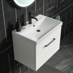 Emily 800mm Gloss White Wall Mounted 1 Drawer Vanity Unit, Thin-Edged Basin, Matt Black Handle & Overflow -TAP WAREHOUSE Shop drench emily thin edged basin lifestyle