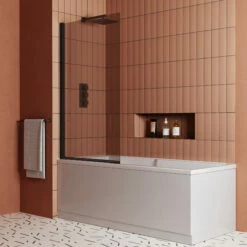 Vellamo Matt Black 6mm Smoked Black Hinged Bath Screen - 1400 X 800mm 11 Vellamo Matt Black 6mm Smoked Black Hinged Bath Screen - 1400 X 800mm -TAP WAREHOUSE Shop drench keyhole shower bath 1700 smoked glass screen lifestyle 2