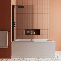 Vellamo Matt Black 6mm Smoked Black Hinged Bath Screen - 1400 X 800mm 12 Vellamo Matt Black 6mm Smoked Black Hinged Bath Screen - 1400 X 800mm -TAP WAREHOUSE Shop drench keyhole shower bath 1700 smoked glass screen lifestyle