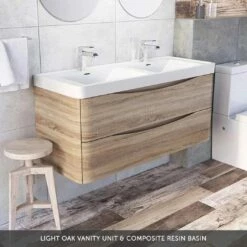 Maia 1200mm Wall Mounted Gloss White Vanity Unit & Opal White Glass Double Basin 19 Maia 1200mm Wall Mounted Gloss White Vanity Unit & Opal White Glass Double Basin -TAP WAREHOUSE Shop drench maia 1200 light oak vanity unit composite resin basin