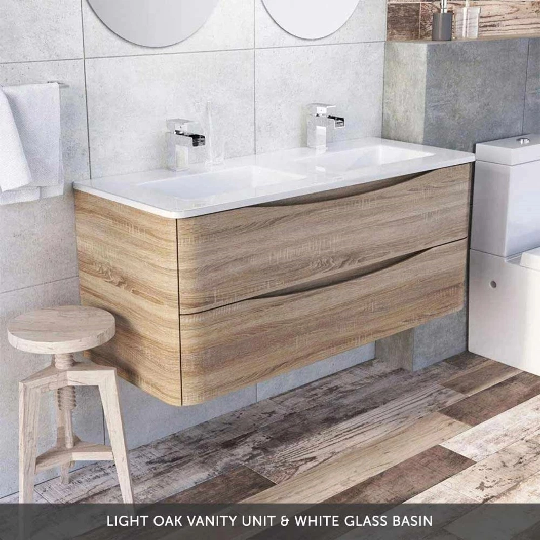 Maia 1200mm Wall Mounted Gloss White Vanity Unit & Opal White Glass Double Basin 9 Maia 1200mm Wall Mounted Gloss White Vanity Unit & Opal White Glass Double Basin - Image 7