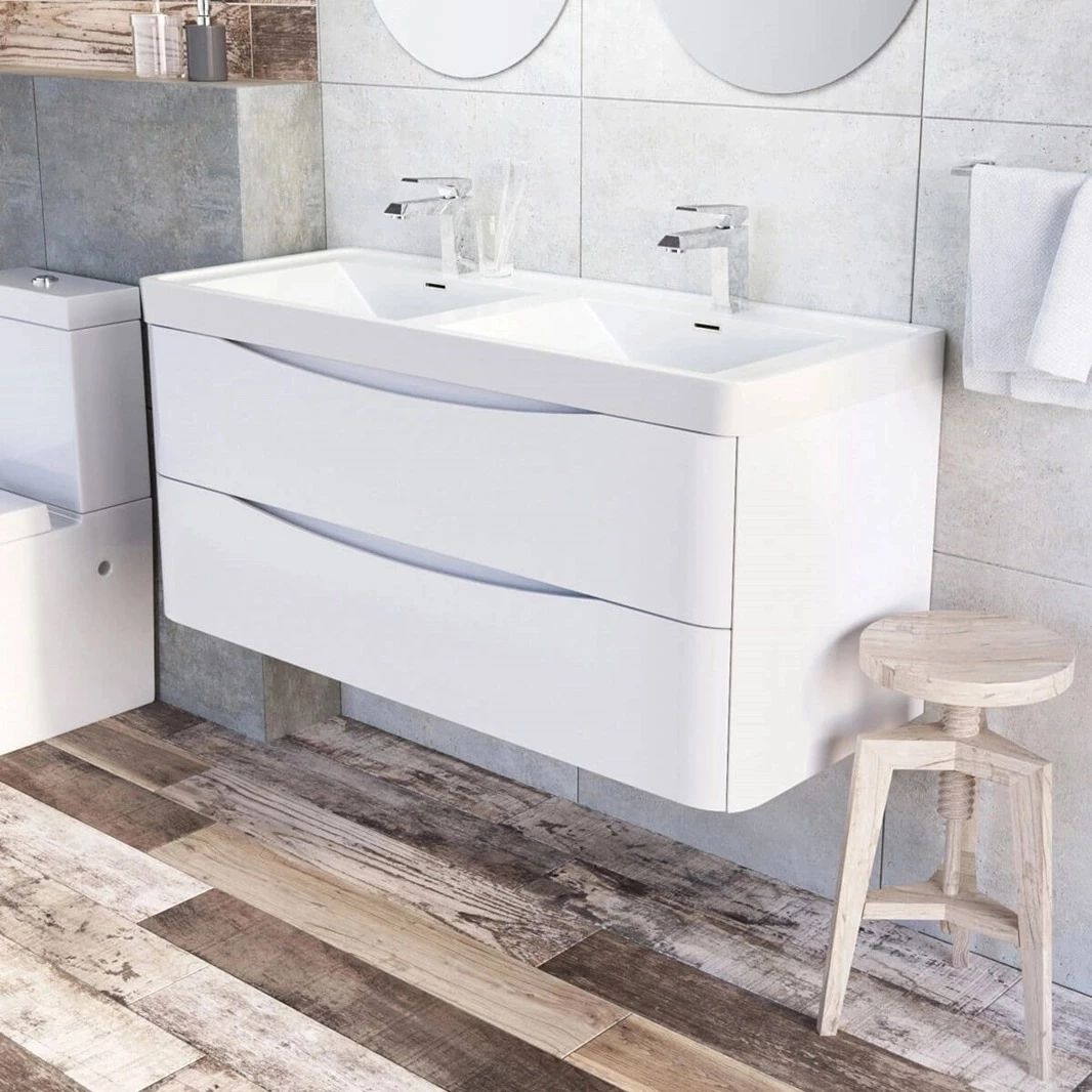 Maia 1200mm Wall Mounted Gloss White Vanity Unit & Opal White Glass Double Basin 4 Maia 1200mm Wall Mounted Gloss White Vanity Unit & Opal White Glass Double Basin - Image 2