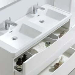Maia 1200mm Wall Mounted Gloss White Vanity Unit & Opal White Glass Double Basin 23 Maia 1200mm Wall Mounted Gloss White Vanity Unit & Opal White Glass Double Basin -TAP WAREHOUSE Shop drench maia 1200 wall vanity gloss white drawers