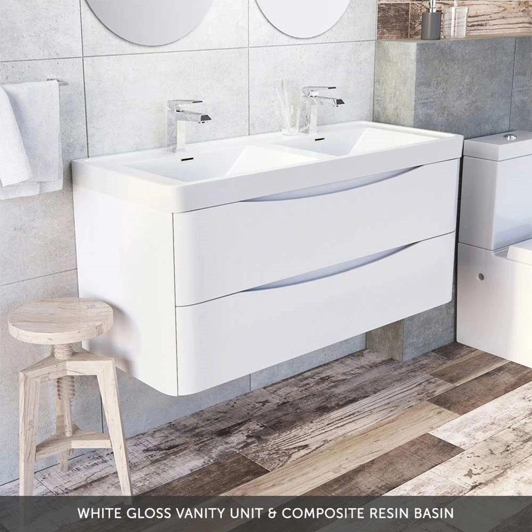 Maia 1200mm Wall Mounted Gloss White Vanity Unit & Opal White Glass Double Basin 6 Maia 1200mm Wall Mounted Gloss White Vanity Unit & Opal White Glass Double Basin - Image 4