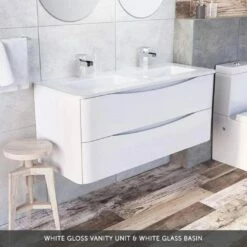 Maia 1200mm Wall Mounted Gloss White Vanity Unit & Opal White Glass Double Basin 18 Maia 1200mm Wall Mounted Gloss White Vanity Unit & Opal White Glass Double Basin -TAP WAREHOUSE Shop drench maia 1200 white gloss vanity unit white glass basin