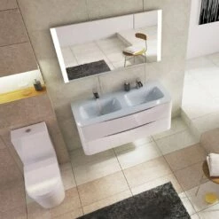 Maia 1200mm Wall Mounted Gloss White Vanity Unit & Opal White Glass Double Basin 24 Maia 1200mm Wall Mounted Gloss White Vanity Unit & Opal White Glass Double Basin -TAP WAREHOUSE Shop drench maia white glass basin double unit top lifestyle