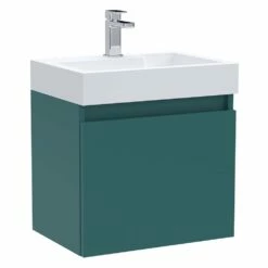 Minnie 500mm Wall Mounted 1 Door Vanity Unit & Polymarble Basin - Aurora Teal -TAP WAREHOUSE Shop drench minnie 500 wall hung unit and basin teal cutout
