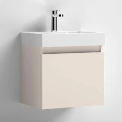 Minnie 500mm Wall Mounted 1 Door Vanity Unit & Polymarble Basin - Blush Pink -TAP WAREHOUSE Shop drench minnie 500mm vanity unit blush pink