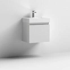 Minnie Wall Hung 500mm Cabinet & Polymarble Basin - Gloss Grey Mist -TAP WAREHOUSE Shop drench minnie 500mm vanity unit gloss grey mist 2