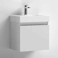 Minnie Wall Hung 500mm Cabinet & Polymarble Basin - Gloss Grey Mist -TAP WAREHOUSE Shop drench minnie 500mm vanity unit gloss grey mist