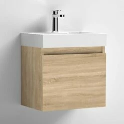 Minnie 500mm Wall Mounted 1 Door Vanity Unit & Polymarble Basin - Natural Oak -TAP WAREHOUSE Shop drench minnie 500mm vanity unit natural oak