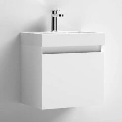 Minnie 500mm Wall Mounted 1 Door Vanity Unit & Polymarble Basin - Gloss White -TAP WAREHOUSE Shop drench minnie 500mm vanity unit white gloss