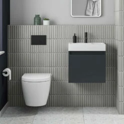 Minnie 500mm Wall Mounted 1 Door Vanity Unit & Polymarble Basin - Electric Blue -TAP WAREHOUSE Shop drench minnie electric blue slimline cloakroom wallhung vanity unit lifestyle