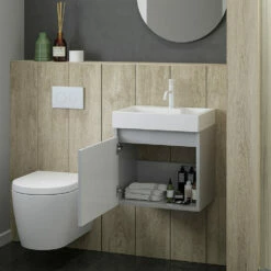Minnie Wall Hung 500mm Cabinet & Polymarble Basin - Gloss Grey Mist -TAP WAREHOUSE Shop drench minnie gloss grey mist 500mm wall hung unit internal lifestyle