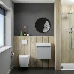 Minnie Wall Hung 500mm Cabinet & Polymarble Basin - Gloss Grey Mist -TAP WAREHOUSE Shop drench minnie gloss grey mist standard cloakroom wallhung vanity unit lifestyle1